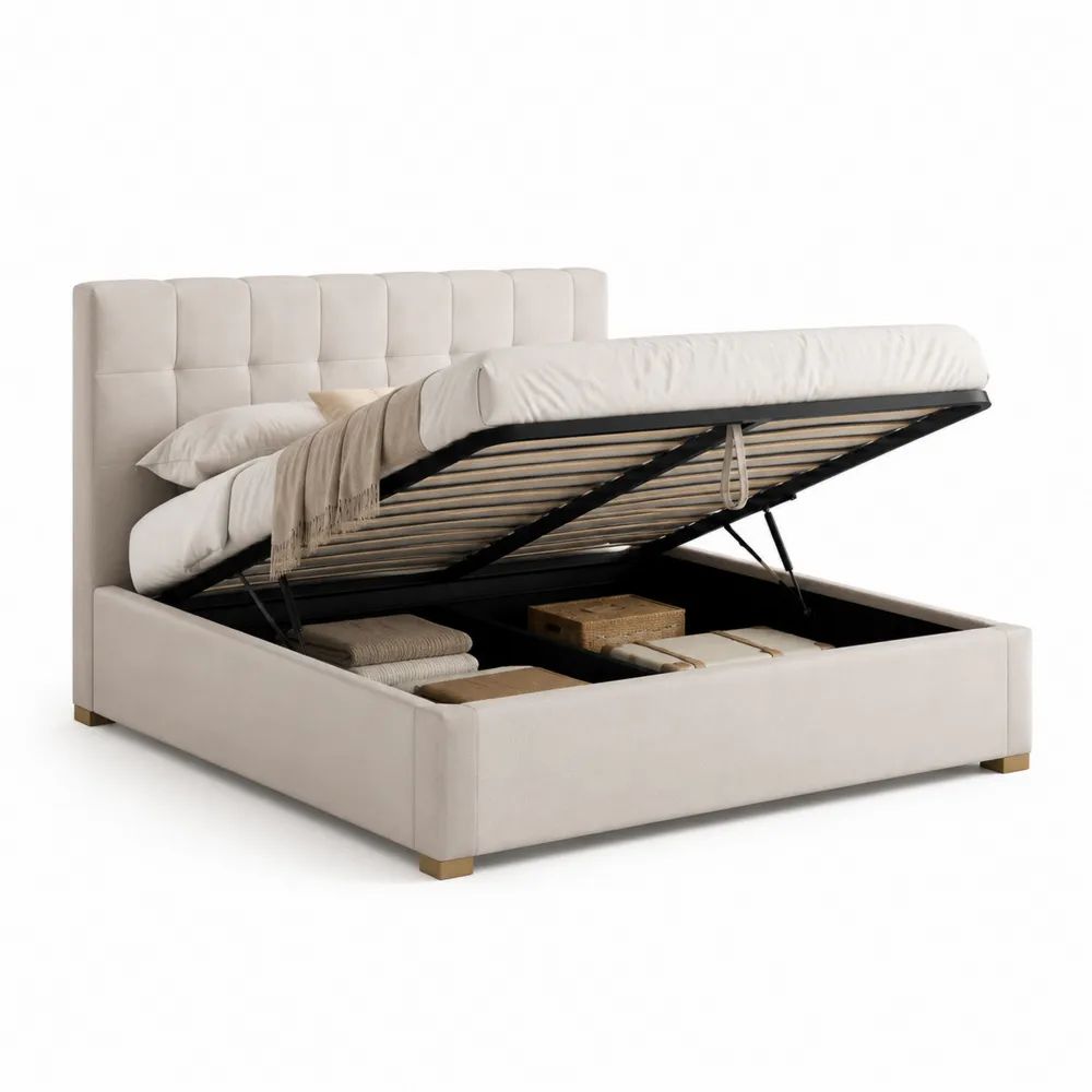 Lit coffre double 160 x 200 cm en velours polyester beige clair avec sommier à lattes et tête de lit capitonnée