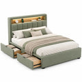 Lit double rembourré en tissu vert sauge 160 x 200 cm, dimensions 218 x 172 x 120 cm, 2 tiroirs, tête de lit avec niche, éclairage DEL et recharge intégrée