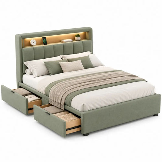 Lit double rembourré en tissu vert sauge 160 x 200 cm, dimensions 218 x 172 x 120 cm, 2 tiroirs, tête de lit avec niche, éclairage DEL et recharge intégrée
